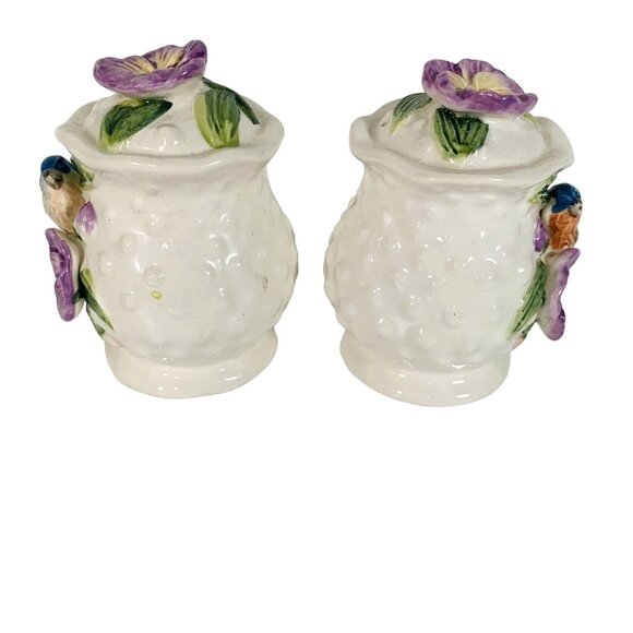 Bluebird Pansies Salt Pepper Shakers VTG Hobnail 3D Ceramic Cottage Tableware - Picture 5 of 13